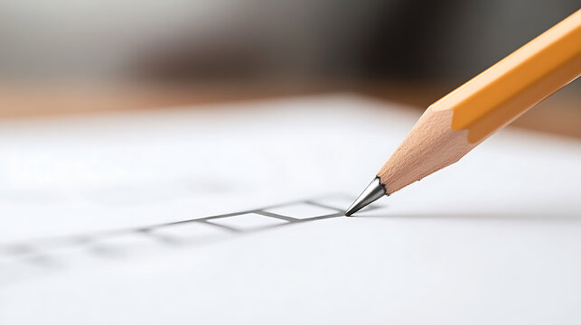 Close-up shot of a sharp yellow pencil on white paper marking a check-box. The background is blurred, emphasizing the act of making a choice or completing a task.