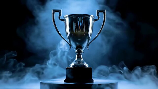 Silver trophy on pedestal, illuminated, in smoke, for achievement recognition, reward, or success