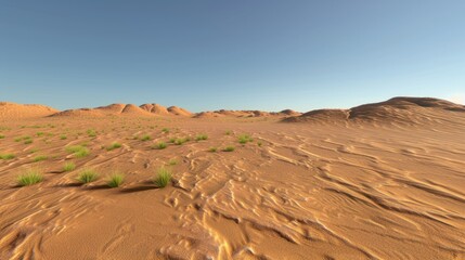 Naklejka premium Desert Landscape with Sand Dunes and Sparse Green Vegetation Under Clear Blue Sky