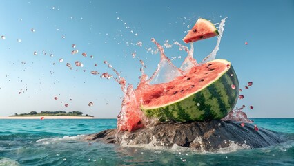 Watermelon splash on ocean rock with tropical island background