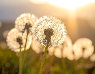 Close-up view of delicate dandelions at sunset, backlit with golden light, fluffy seeds