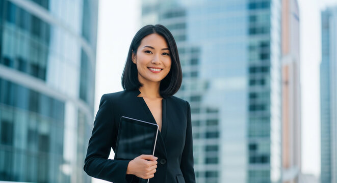 Asian Businesswoman Standing in Front of Skyscrapers Holding Tablet Outdoors