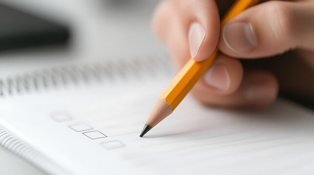 Close-up of a person's hand holding a yellow pencil, marking a checkbox on a notepad. The image shows precision and focus in completing tasks or filling out a form. The crisp focus draws the eye
