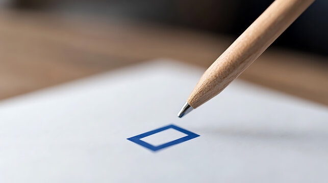 Close-up of a wooden pencil poised above a blue checkbox on white paper. Concept of making choices, voting, or completing a survey with a simple checkmark.