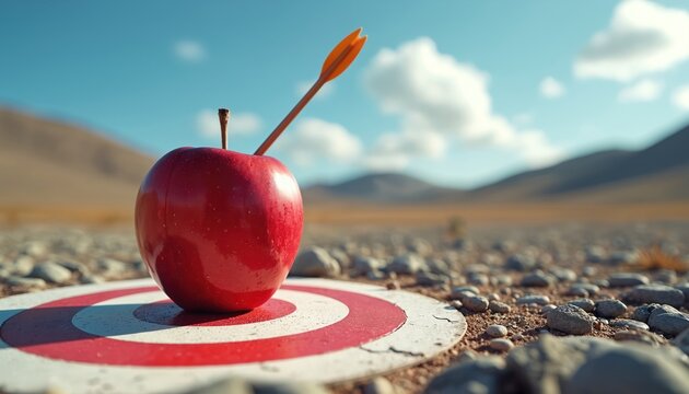 Red apple with arrow piercing on target. Bullseye shot precision, hitting goal. Concept for business strategy, marketing success achieving objectives in competitive, challenging landscape under blue