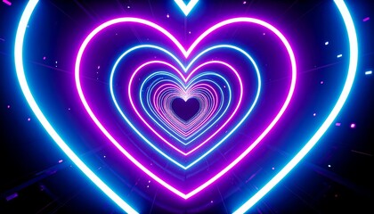 A vibrant tunnel of concentric heart shapes illuminated by neon lights, creating an abstract and glowing path
