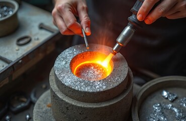 Jeweler uses blowtorch melting silver in workshop furnace. Bright flames ignite molten metal. Goldsmith at work crafts jewelry, working with molten silver. Hand with tool, making precious items.