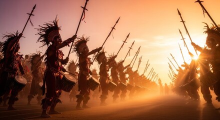 Dinagyang Parade gradient from deep maroon to bright orange, performers raising spears toward the sky
