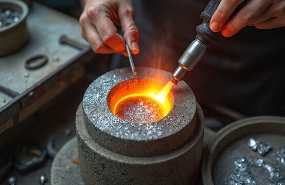 Jeweler uses blowtorch melting silver in workshop furnace. Bright flames ignite molten metal. Goldsmith at work crafts jewelry, working with molten silver. Hand with tool, making precious items.