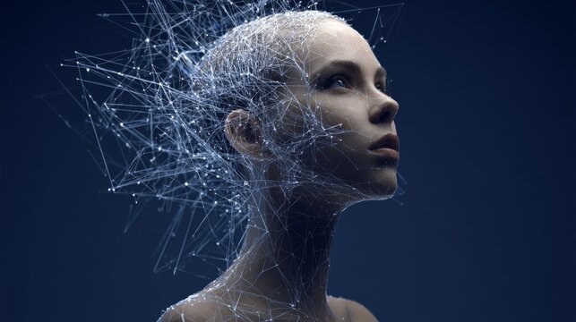 A human form is depicted gazing upward with intricate abstract mesh wireframe details