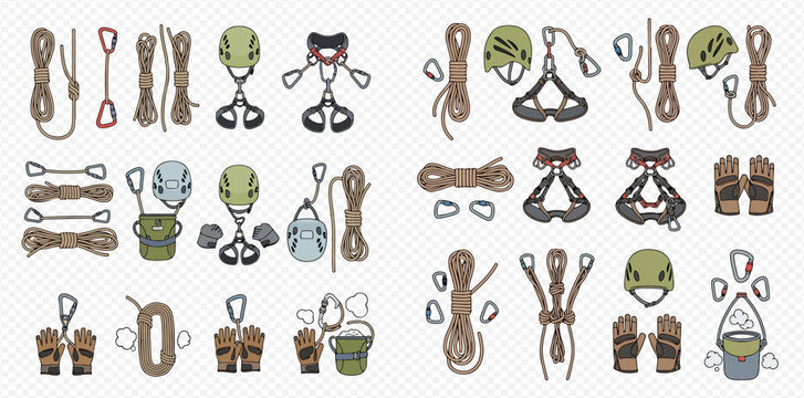 A comprehensive illustration of various climbing and caving equipment, including ropes, helmets, harnesses, carabiners, and descenders, arranged in multiple configurations.