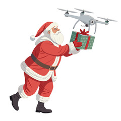 Santa Claus delivering a gift with a drone on a white background  