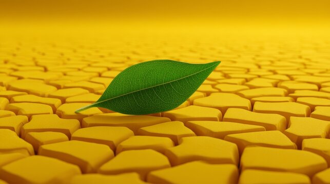 Arid ground with a cracked and barren surface and a green leaf that symbolizes strength