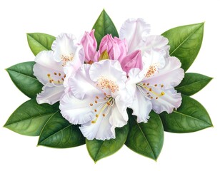 Close-up view of delicate, white and pink blossoms with vibrant green leaves, studio lighting