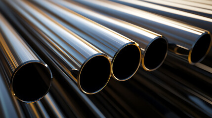 Sleek metal pipes shine in the light. The cylindrical forms create a compelling pattern. Metal pipes are neatly organized, reflecting the surrounding light. #metal #pipes