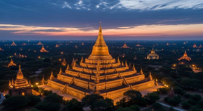 Ananda Pagoda gradient from sandy gold to pale white, aerial view of Bagan plain with dozens of pagodas lit up