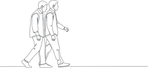 Fototapeta premium Two men walking side by side in a simple line drawing