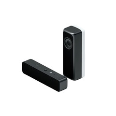 Two modern speakers, one standing, one horizontal, dark