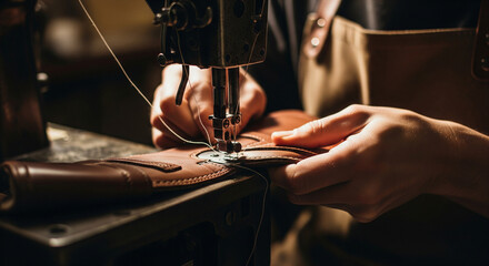 Artisan sewing leather with a vintage sewing machine