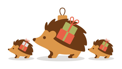Holiday Hedgehogs: Three charming hedgehog ornaments, each carrying a wrapped gift, bring holiday cheer. Delightful design with warm colors. © Nadim