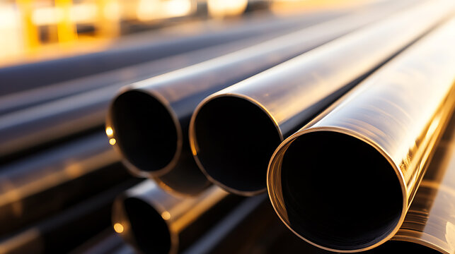 A close-up shot of a stack of shiny metal pipes highlights industrial strength and design. The play of light on the metallic surface adds visual appeal. Construction material.