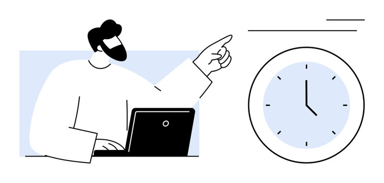 Man typing on laptop, pointing at clock emphasizing time awareness, productivity, and multitasking. Ideal for time management, project planning, deadline focus, productivity, efficiency workflow
