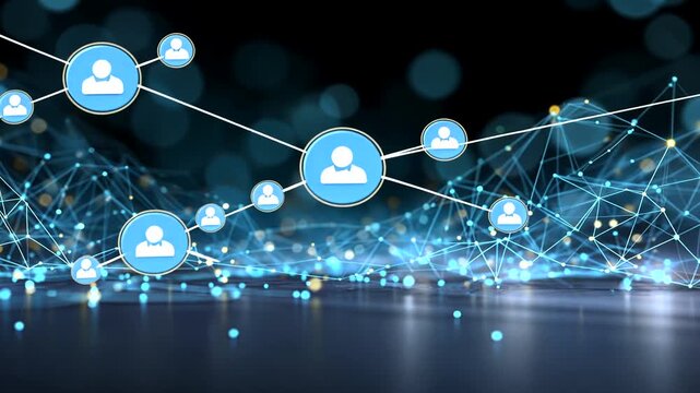 Abstract digital network with blue person icons connected by lines on a dark bokeh - Powered by Adobe
