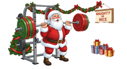 Santa claus lifting weights in a gym decorated for christmas with a naughty or nice sign hanging above