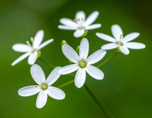 Close-up view of delicate white flowers with star-shaped petals, set against a blurred green backdrop