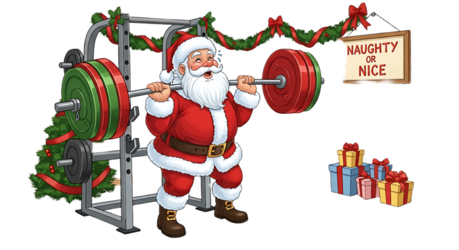 Santa claus lifting weights in a gym decorated for christmas with a naughty or nice sign hanging above