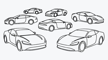 Line art illustration of a group of cars for coloring pages or design