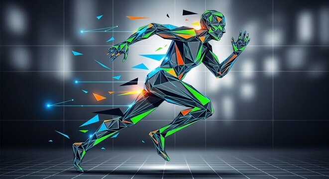 Abstract geometric runner in motion depicting energy and speed