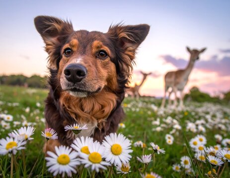 Close-up of a brown and black dog looking at the camera, surrounded by white flowers and two deer grazing in the distance at sunset
