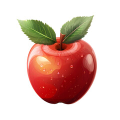 Vibrant, juicy red apple with fresh green leaves and glistening water droplets, perfect for healthy eating and natural product promotions.