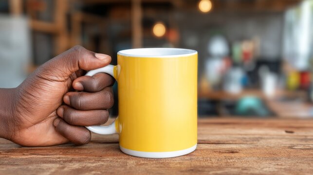 A hand grasps a yellow coffee mug situated in a warm and inviting kitchen