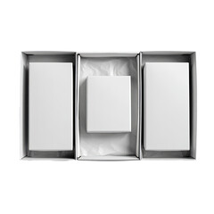 White boxes, top view, in a white container with fill