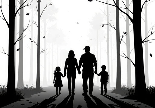 Family walks together through a misty forest