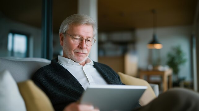 Confident elderly man using a sleek tablet with AI voice assistant interface glowing on the screen in a modern living room, surrounded by cozy natural light and minimalist furniture, illustrating