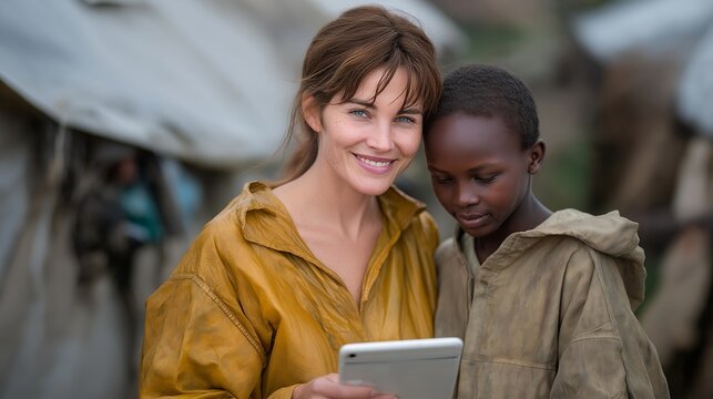 Healthcare professional providing telemedicine consultation to a refugee patient via tablet in a remote camp, emphasizing digital health innovation, humanitarian medical support, and accessible - Powered by Adobe