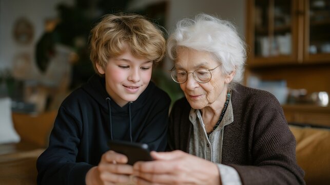 Child patiently teaching an elderly person how to use a smartphone in a cozy home setting, representing intergenerational learning, digital literacy, and empathy through teaching moments. cinematic