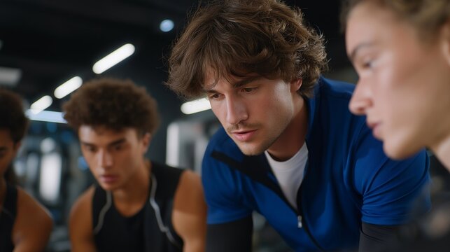 A group of athletes analyzing performance videos with a sports analyst, representing technology integration, feedback, and continuous improvement. cinematic color correction, natural uneven