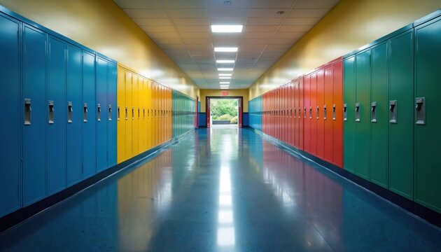 Empty school hallway interior with lockers. Corridor perspective view in modern college. Door to backyard outside. Colorful metal cabinets for students belongings. Bright space and blue floor.