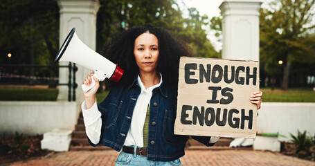 Portrait, student and megaphone with billboard for protest for change, free education and justice. Woman, bullhorn or rally with sign for learning, equality and human rights of college discrimination