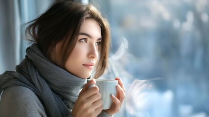 A woman holding a steaming cup of coffee near a frosty window, gentle morning light touching her face, serenity and reflection, artistic color tones, cozy realism.