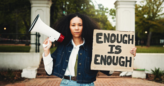 Portrait, student and megaphone with billboard for protest for change, free education and justice. Woman, bullhorn or rally with sign for learning, equality and human rights of college discrimination - Powered by Adobe