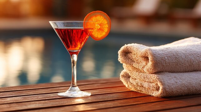 As the sun sets, a cocktail is relished by the pool, with a towel and sandals readily available