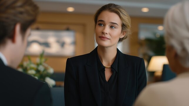 Compassionate female funeral director sitting with a grieving family in a calm, modern consultation room filled with soft neutral tones, symbolizing empathy in funeral services, professional - Powered by Adobe