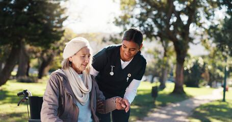 Outdoor, caregiver and senior woman with wheelchair, healthcare and help for walk and rehabilitation. Assisted living, nurse and elderly patient with disability, physical therapy and people in nature