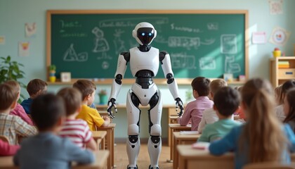 Robot stands in kindergarten classroom with children at desks. Future of education with ai teacher. Kids learn about tech. Futuristic concept.