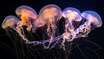 Close-up of several jellyfish with translucent bodies and flowing tentacles against a dark backdrop. Glowing, colorful
